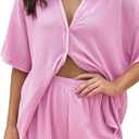Womens Casual Knitted Two Piece Sets Lounge Sets Short Sleeve Solid Color Oversized Tees And Shorts Outfits (Pink)