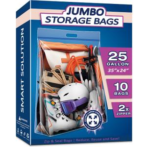 25 Gallon Extra Large Resealable Storage Bags with Zipper Top | 35" x 24" Heavy Duty Clear Bags with Handles, 4 Mil Thick, Perfect for Clothing, Pillows, Travel, and Moving (10 Packs)