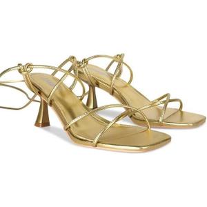 ISNOM Strappy Sandals for Women Kitten Heels Lace Up Heels Stiletto Heels Wrap Around Heels with Square Toe, 11 Size Metalgold