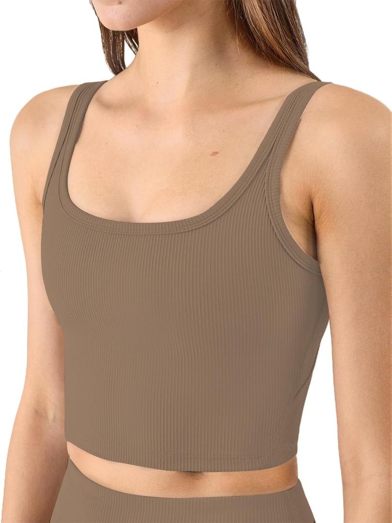 Chilylori Women's Seamless Sports Bra Workout Crop Top Ribbed Padded Longline Wirefree Medium Support Tank Tops Fitness (XX-Large, Cacao)