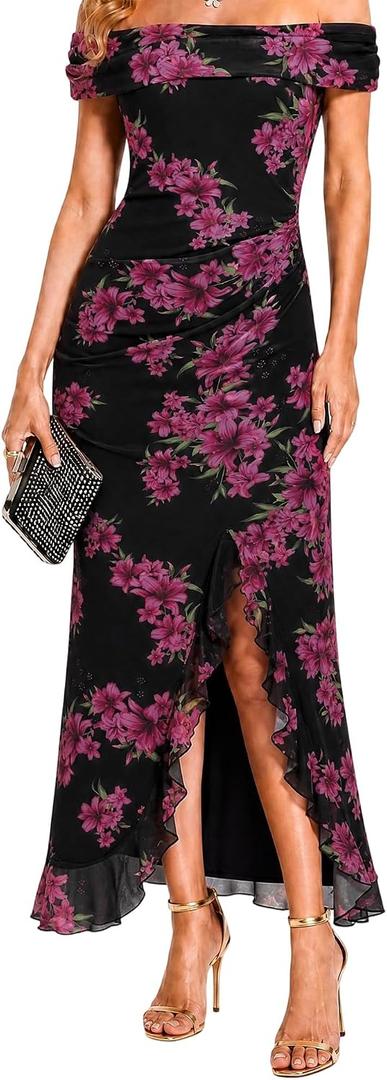 Off Shoulder Floral Maxi Dresses Wedding Guest Dresses for Women (XL)