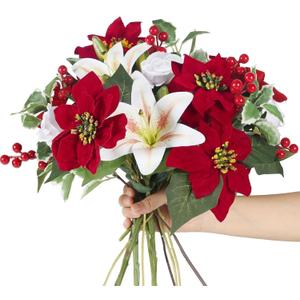 HUAESIN Poinsettias Artificial Christmas Flowers Cemetery Silk Christmas Floral Arrangements with Lily Rose Red Holly Berries Winter Flowers Christmas Picks for Xmas Home Vase Table Grave