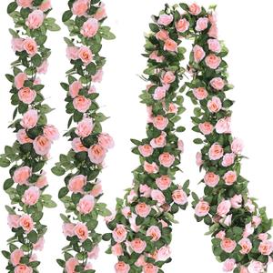 Aneco 4 Pack 32 FT Pink Flower Artificial Rose Vines Roses Fake Vine Flowers Plants Party Supplies for Holiday Wedding Garden Craft Art Decoration