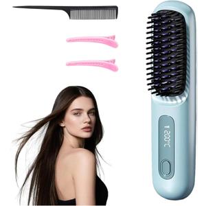 Go Brush Pro 2025 New Cordless Hair Straightener Brush - 199 Million Negative Ions, Compact & Travel-Friendly with LED Display, 4000mAh Rechargeable, Anti-Scald Mini Hot Comb for Women (Blue)