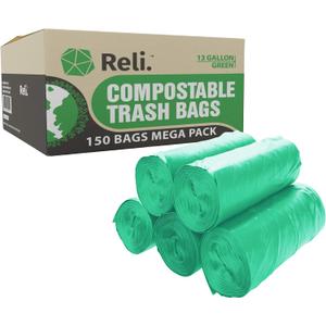 Reli. Compostable 13 Gallon Trash Bags | 150 Count Bulk | ASTM D6400 | Green | Eco-Friendly | For Compost