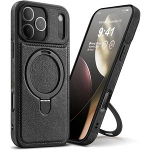 Magnetic for iPhone 17 Pro Leather Case, Invisible Stand [Compatible with Magsafe] Slim Kickstand Phone Cove for iPhone 17 Pro caseBlack