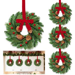 4 Pcs Mini Christmas Wreath for Cabinets Kitchen, 12 Inch Small Christmas Wreaths with Lifelike Norfolk Pine Aspen Fir Tips Cones Red Berry Bow Xmas Door Wreath for Front Door Porch Wall Window Indoor