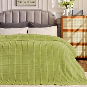 KORBLISS Super Soft Flannel Throw Blanket 50x60 Inches, Premium Checkered Jacquaed Silky Fleece Lightweight Bed Blanket All Season Use, Olive Green Strip, 50"x60"