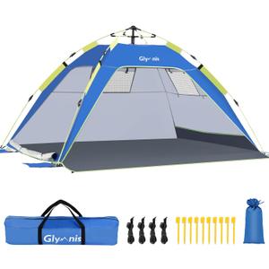 Glymnis Pop Up Beach Tent Sun Shade Shelter for 3-4 Person with UPF 50+, Lightweight & Easy Setup, Vent Windows & Zippered Door, Extended Floor Family Instant Beach Tent