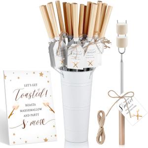 24 Pack S'Mores Party Favors for Guests, Extendable Marshmallow Roasting Sticks with White Metal Bucket, Wooden Sign, Party Gift Tags and Hemp Rope for Fire Pit Outdoor Campfire Camping
