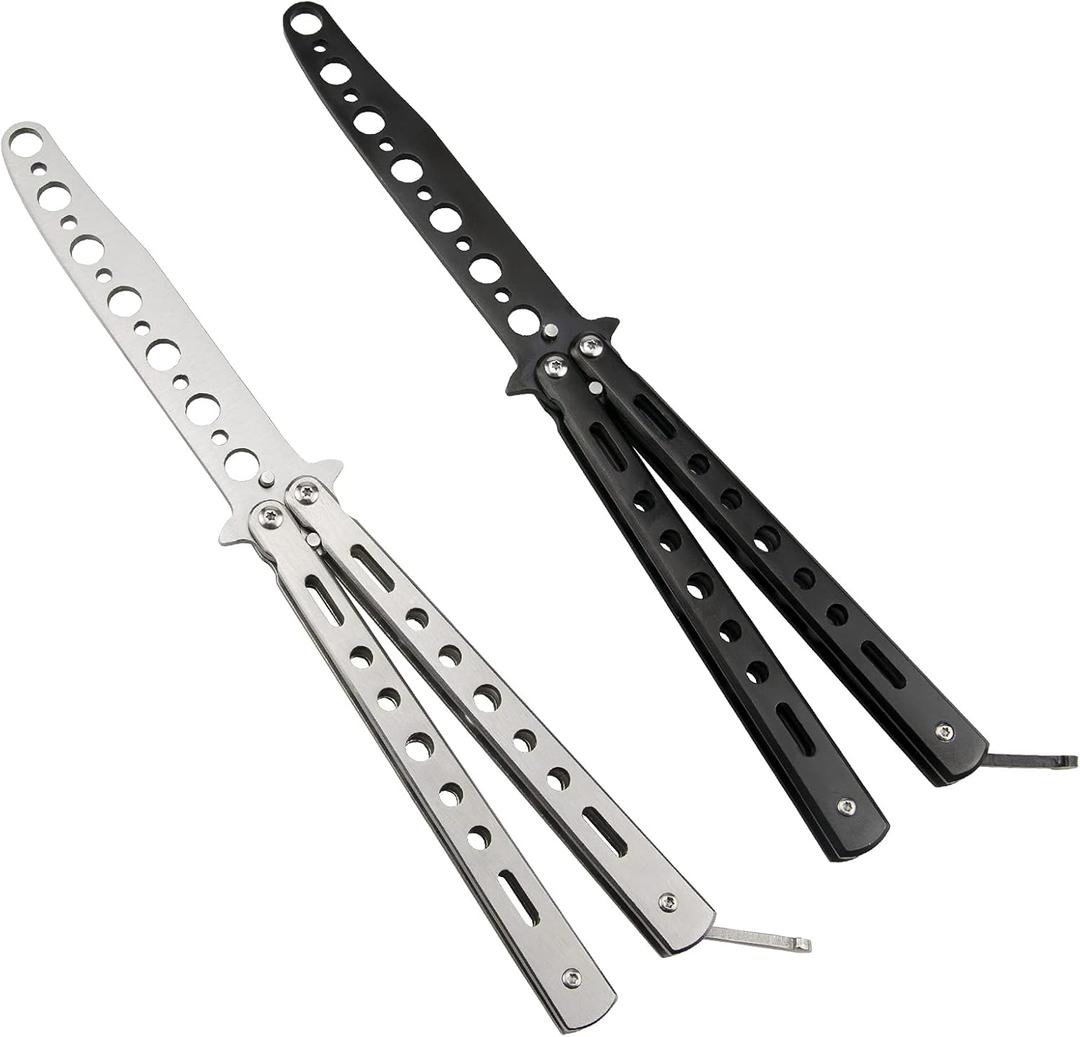 Little World Butterfly Knife - 2 Pack Butterfly Knife Trainer Practice Tool Steel Metal - Folding Unsharpened Comb for Practicing Flipping Tricks, Balisong Trainer Black & Silver