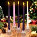 5PCS Flameless Advent Candle Set with Glass Candlestick Holders Christmas Advent Candles Purple Pink White 10 Inch Taper Flameless Candles for Christmas Table Centerpiece Fireplace Home Church Decor