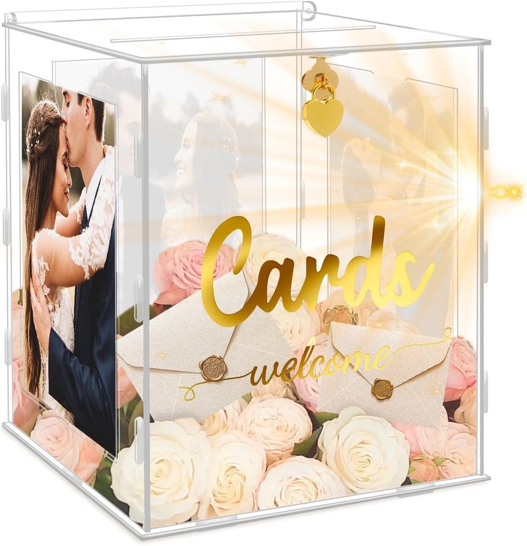Acrylic Wedding Card Box with Picture Frame, Acrylic Card Box with Slot, Clear Gift for Wedding Reception Anniversary Graduation Birthday Party Baby Shower