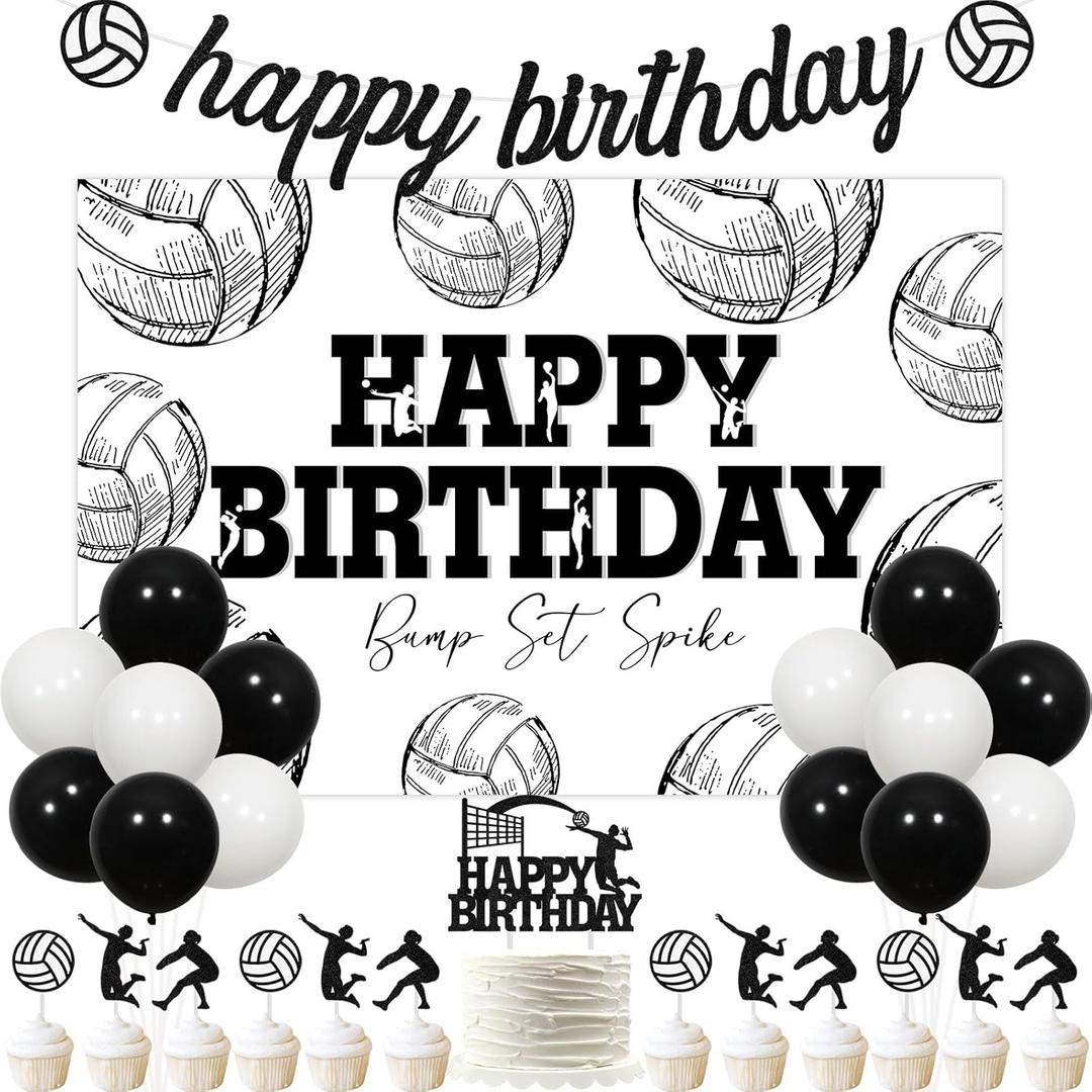 Kreatwow Volleyball Birthday Party Decorations Volleyball Happy Birthday Backdrop Black White Volleyball Theme Party Decorations Volleyball Banner Volleyball Cake Decor Balloons for Sports Birthday