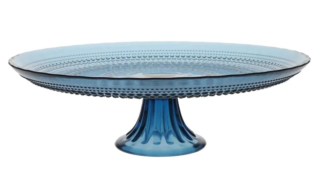 FORTESSA Jupiter Beaded Hobnail Glass Vintage Themed Glass Serveware, Large 13 Inch Vintage Cake Stand, Dishwasher-Safe, Cornflower Blue