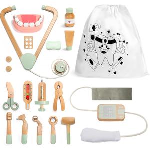 Wooden Doctor Kit for Kids, 19Pcs Pretend Play Dentist Toddlers Doctor Medical Toy Set with Stethoscope Syringe Thermometer Tooth Model and Carry Bag Montessori Role Play Gift for Boys Girls Ages 3+