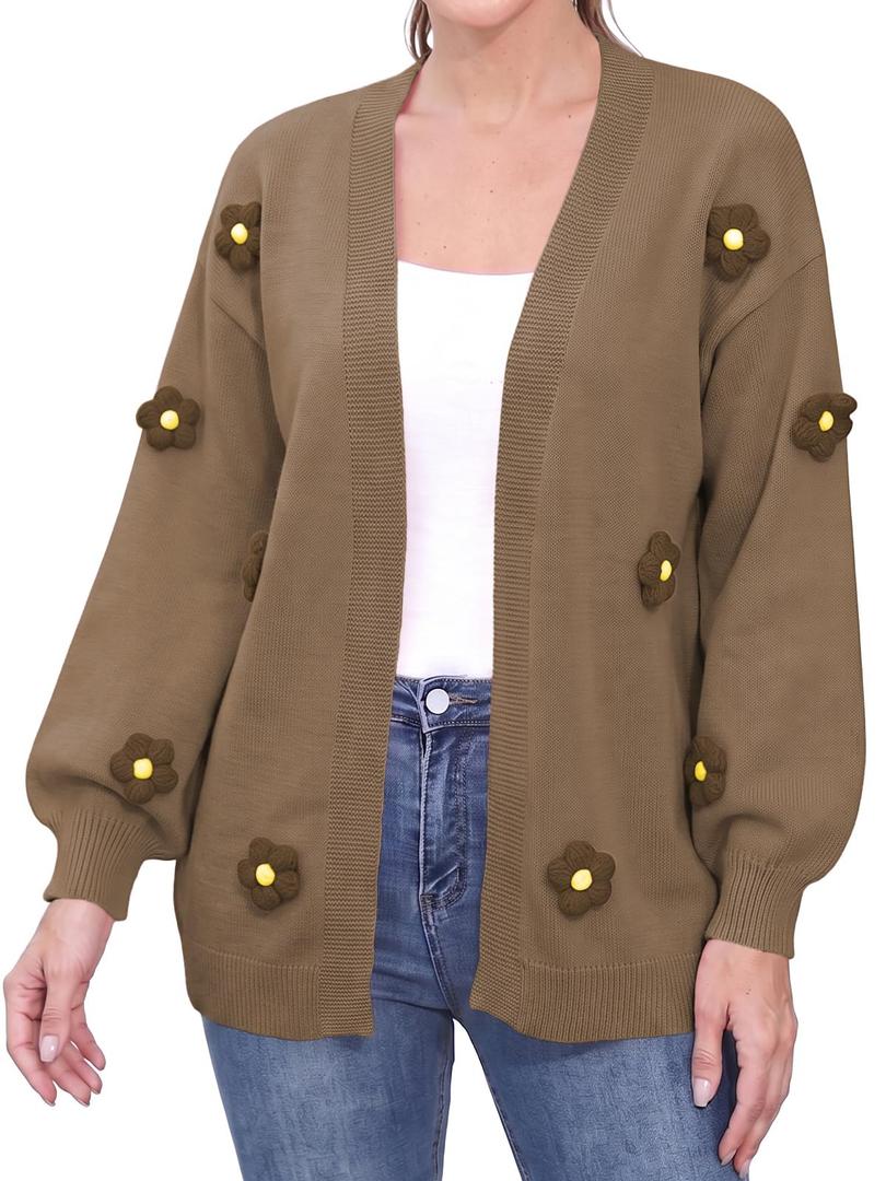 Women's Knit Cardigan 3D Floral Open Front Long Sleeve Fall Winter Crochet Outerwear Sweater Brown Large (L)