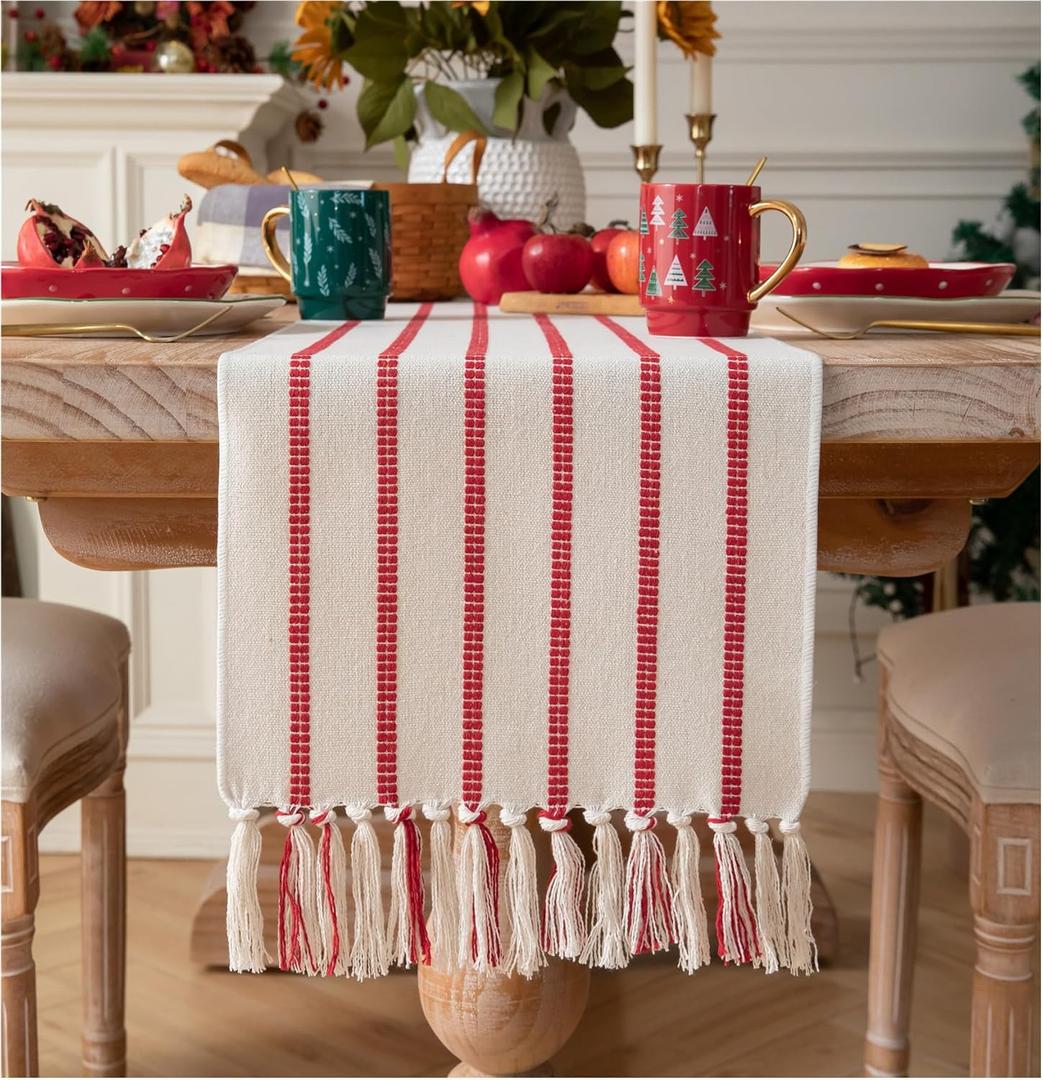 Caflife Christmas Table Runner 90 Inchs Long, Cotton and Linen Woven with Tassels, for Modern Rustic Farmhouse Boho Red Table Runners, Holiday Kitchen Dining Table Home Christmas Decor