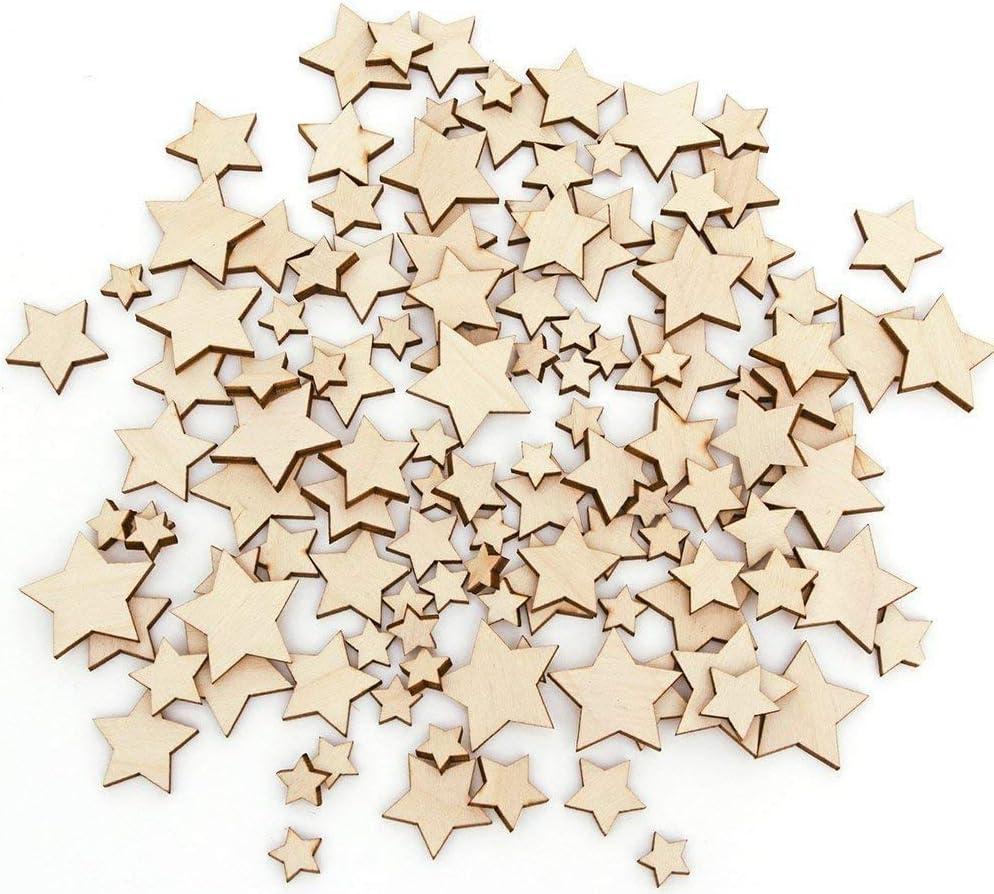 DERAYEE 100 Pcs Unfinished Wooden Stars Ornaments, Assorted Size Cutout Blank Wood Pieces Star for Christmas Wedding Party DIY Crafts, 100pcs Star