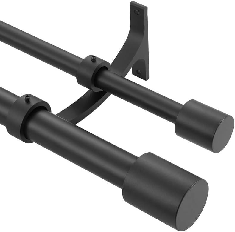 Matte Black Double Curtain Rods 36-72" (3-6ft), Decorative Window Double Rod with Cap Finials, Adjustable, Aluminum, High-Temperature Curing Coating