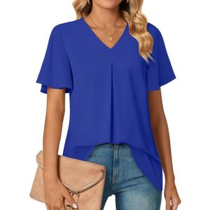 Anyally Women's Summer Dressy Chiffon Blouses V Neck Ruffle Short Sleeve Tunic Tops for Leggings Casual T-Shirts (Blue, XXL)