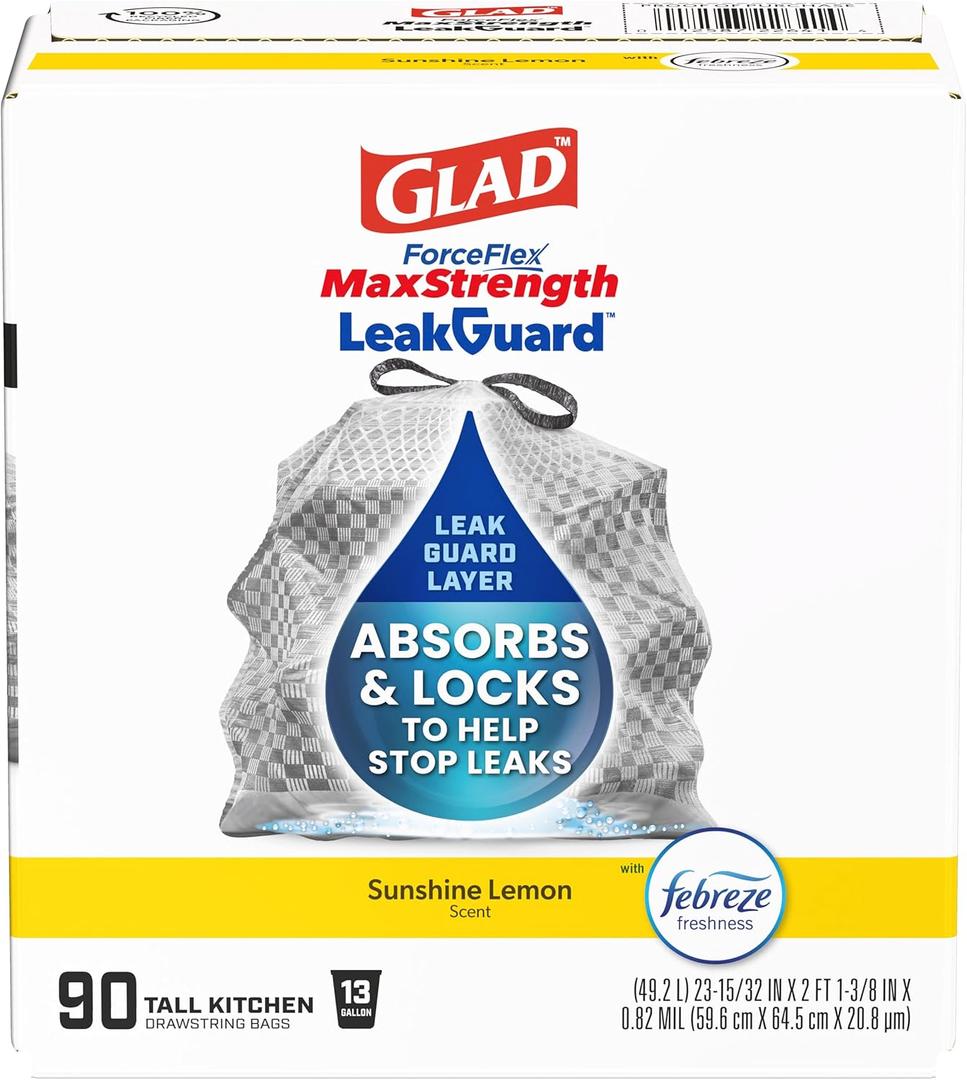 Glad ForceFlex MaxStrength LeakGuard Trash Bags, 13 Gal, Sunshine Lemon Scent, 90 Count 