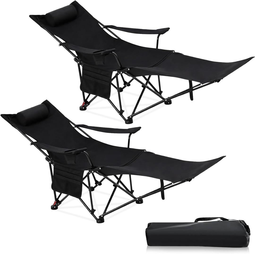 Karenhi 2 Pcs 2-in-1 Reclining Camping Chair with Removable Footrest Folding Recliner Camping Portable Beach Lounge Chair Oxford Fabric Reclining Design with Pillow Pockets Carry Bag