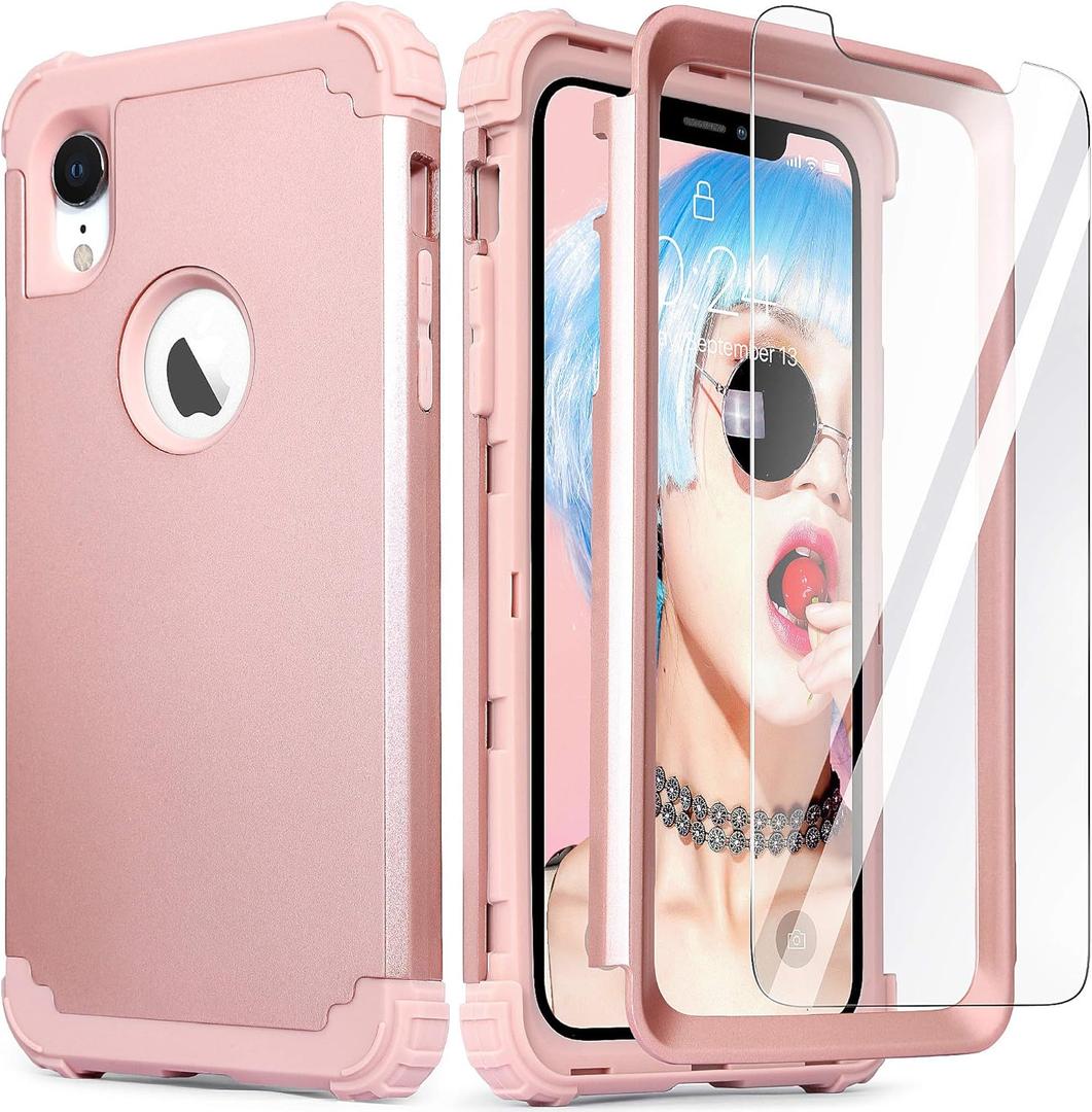IDweel for iPhone XR Case with Tempered Glass Screen Protector for Women, 3 in 1 Shockproof Slim Hybrid Heavy Duty Hard PC Cover Soft Silicone Bumper Full Body Case, Rose Gold IDweel for iPhone XR Case with Tempered Glass Screen Protector for Women, 3 in 1 Shockproof Slim Hybrid Heavy Duty Hard PC Cover Soft Silicone Bumper Full Body Case, Rose Gold