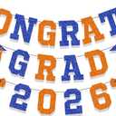 Congrats Grad 2026 Graduation Banner Congrats Grad Graduation Party Class of 2026 Congrats Grad Banner Hanging Decoration for Grad Party College High School Home Party Supplies Blue and Orange Glitter