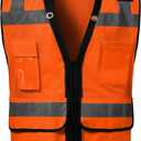 Reflective Safety Vest With Back Pocket, High Visibility Class 2 Heavy Duty Surveyor Vest with Zipper, ANSI/ISEA Standard, Construction Work Vest for Men & Women (Orange, 4XL)
