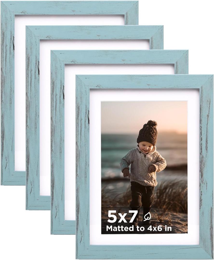 KINLINK 5x7 Picture Frame Turmaline Blue Set of 4, Wooden Photo Frames Matted 4x6 with Plexiglass for 4x6 with Mat or 5x7 without Mat for Table and Wall Display