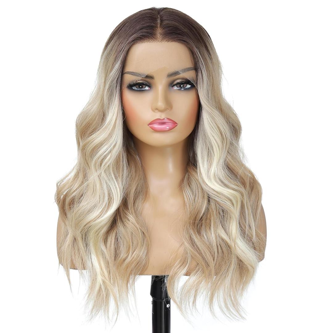 Ash Blonde Balayage Blonde Lace Front Wig, Middle Part 20 Inch HD Lace Wig, Dark Brown to Golden Blonde Highlight M Hairline Natural Fit Natural Wavy Ombre Synthetic Heat Resistant Fiber