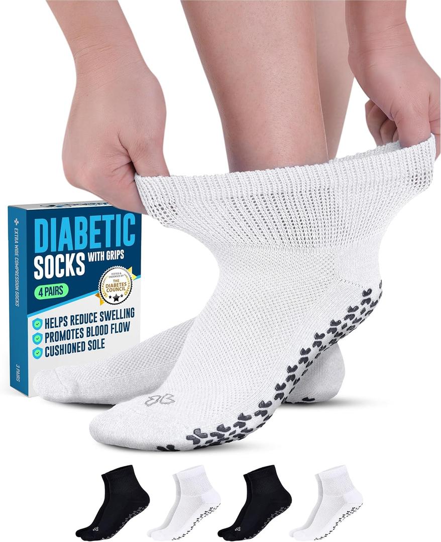 Doctor's Select Diabetic Ankle Socks with Grippers for Men and Women - 4 Pair 1/4 Length Neuropathy Socks for Women (Medium, 2 White / 2 Black - 4 Pairs)