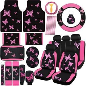 BBTO 47 Pcs Butterfly Car Seat Full Set Butterfly Car Accessories for Women 5 Front Rear Seat Covers Wrist Strap 2 Pieces Cup Mat Armrest Pad 2 Seat Belt Cover Accessories for SUV Car(Pink Black)