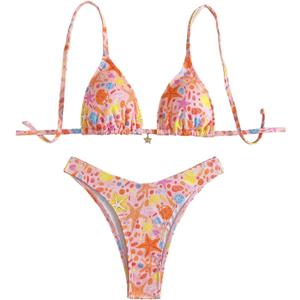 BEAUDRM Women's 2 Piece Graphic Bikini Sets Boho Triangle String Halter Swimsuit High Cut Bathing Suit (Light Pink) Small