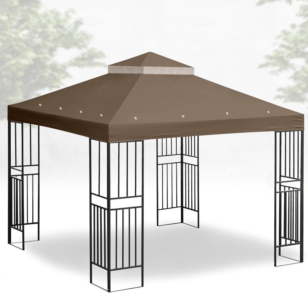 10'x12' Gazebo Cover Canopy Replacement Top Double Tiered Outdoor Canopy Cover Waterproof Grill Patio BBQ Gazebo Roof for Garden Shelter Durable Roof(Coffee)