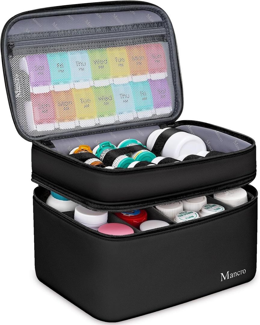 Mancro Dual Layers Medicine Organizer Bag, Pill Bottle Organizer Storage with Lockable Zipper, Medication Travel Bag for Pills, Vitamins, Medical Supplies for Home Storage, Black (Standard)