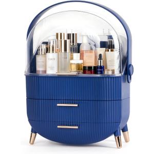 MASSY Egg Shape(Oval) Makeup Storage Box, Countertop Portable Vanity Cosmetics Organizer Preppy (Blue)