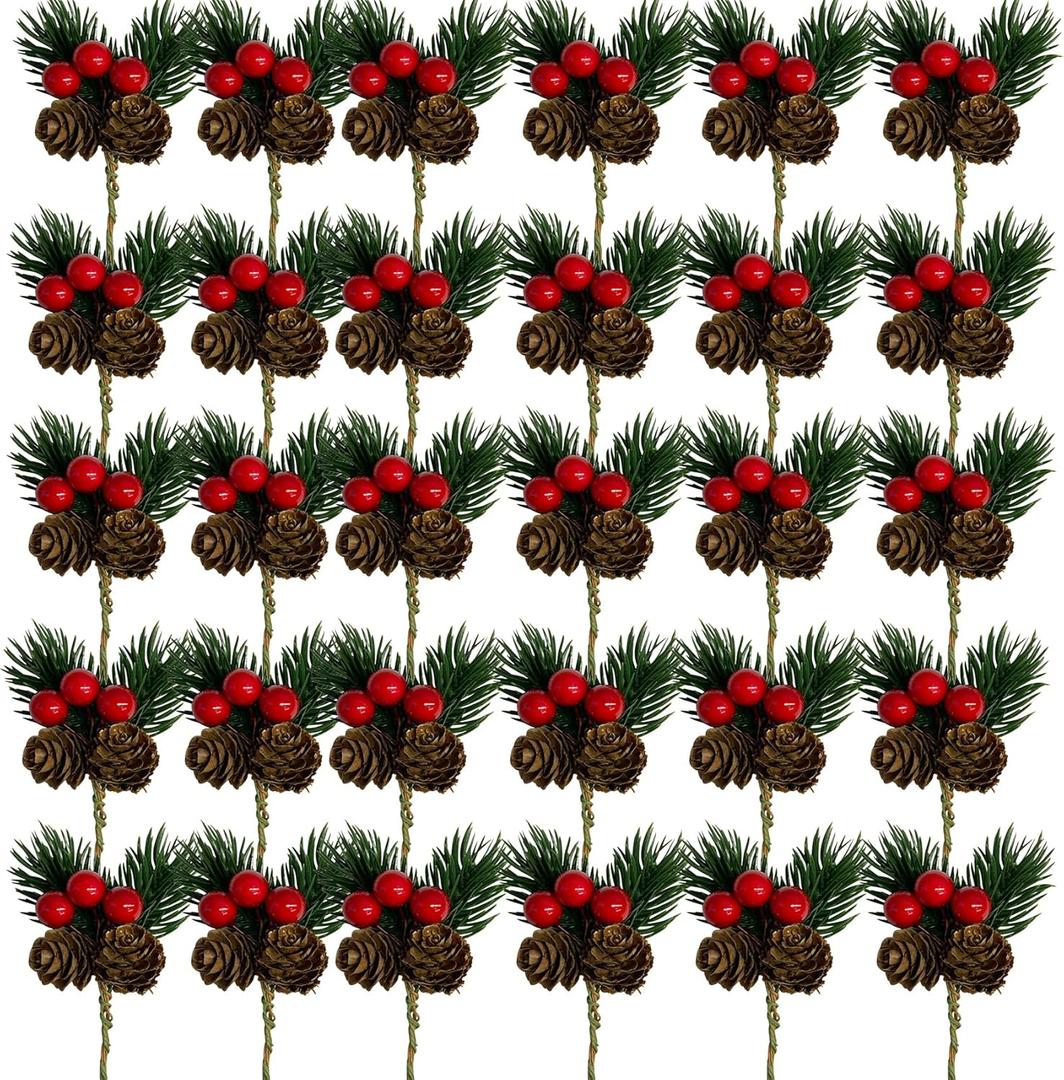 30PCS Artificial Pine Picks Christmas Simulation Pine Needle Small Berries Pinecones for Flower Arrangements Wreaths Wedding Xmas Tree Decor (30, Red)