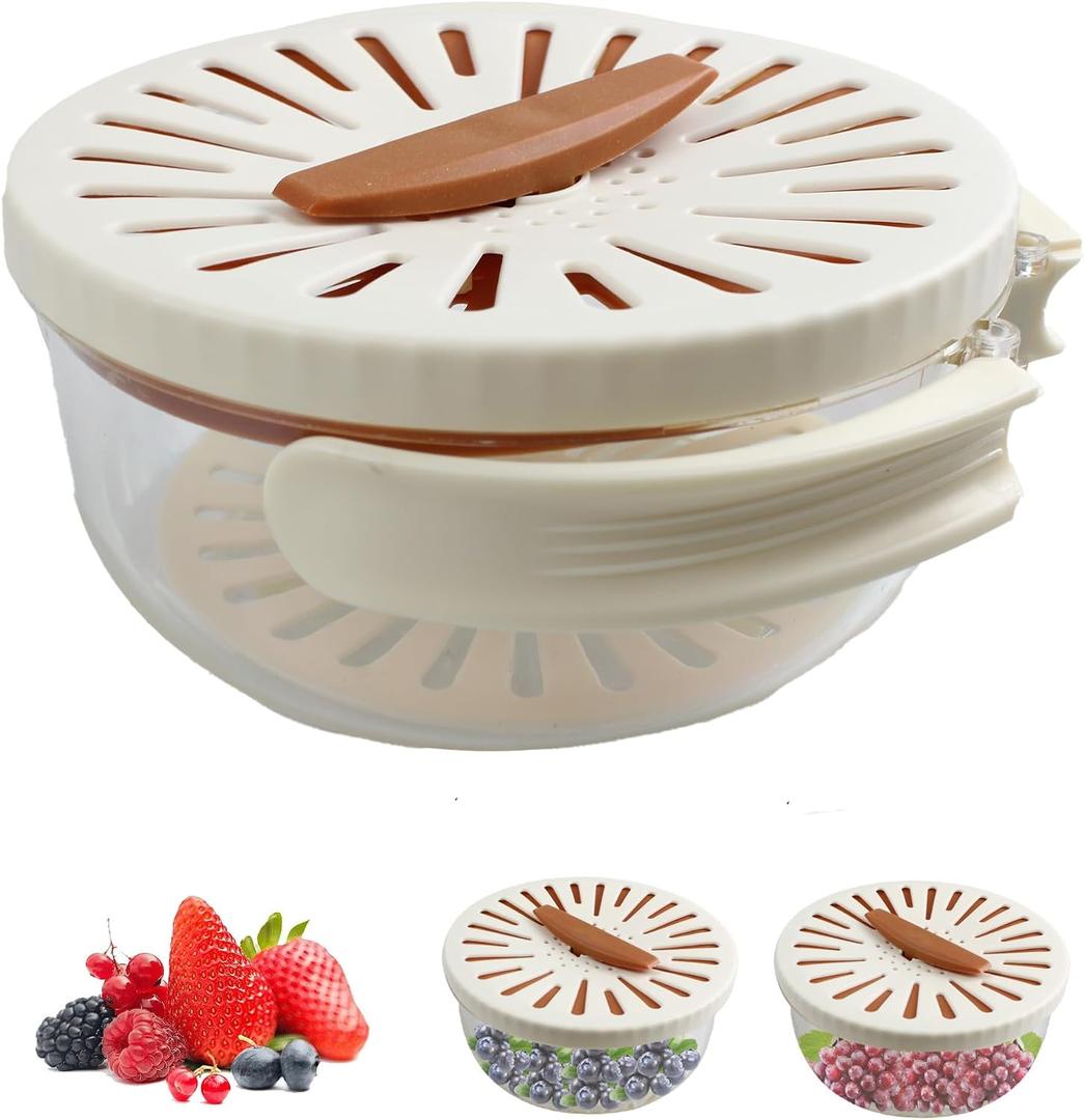 Fruit and Vegetable Drainer Container, Fruit Strainer with Foldable Handle, Drain Basket with Lid, Kitchen Washer Colander for Fruit and Vegetable, Brown