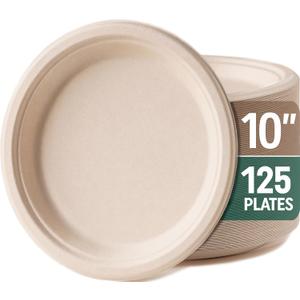 Disposable Plates, Sturdy and Durable Compostable Paper Plates - Heavy Duty, Eco-Friendly, Biodegradable, Unbleached, Sugarcane Bagasse Dinner Plate, 125-Pack 10 Inch