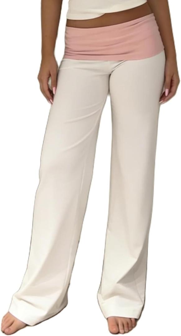 FOMOYUU Women's Fold Over Lounge Pants Low Rise Wide Leg Yoga Sweatpants Stretchy Bell Bottoms Leggings Roll Over Pants (Pink+white)