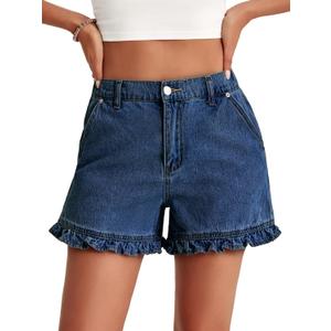 Aoysky Womens Summer Ruffle Denim Shorts Cute High Waisted Cotton Short Jeans with Pockets 12