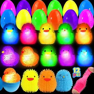 12 Pack Easter Eggs Filled with LED Chick Puffer Balls, Easter Basket Fillers with Light Up Stress Relief Fidget Toys, Filled Easter Eggs for Easter Hunt, Easter Party Favor, Basket Stuffers Fillers