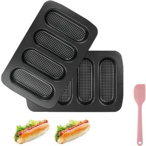 Hot Dog Bun Pan, 2 Pack Perforated Carbon Steel Bread Loaf Pan, Nonstick & Heat Resistant Bread Forms Mini Baguette Baking Tray for Hot Dog Bun Rolls (Black)