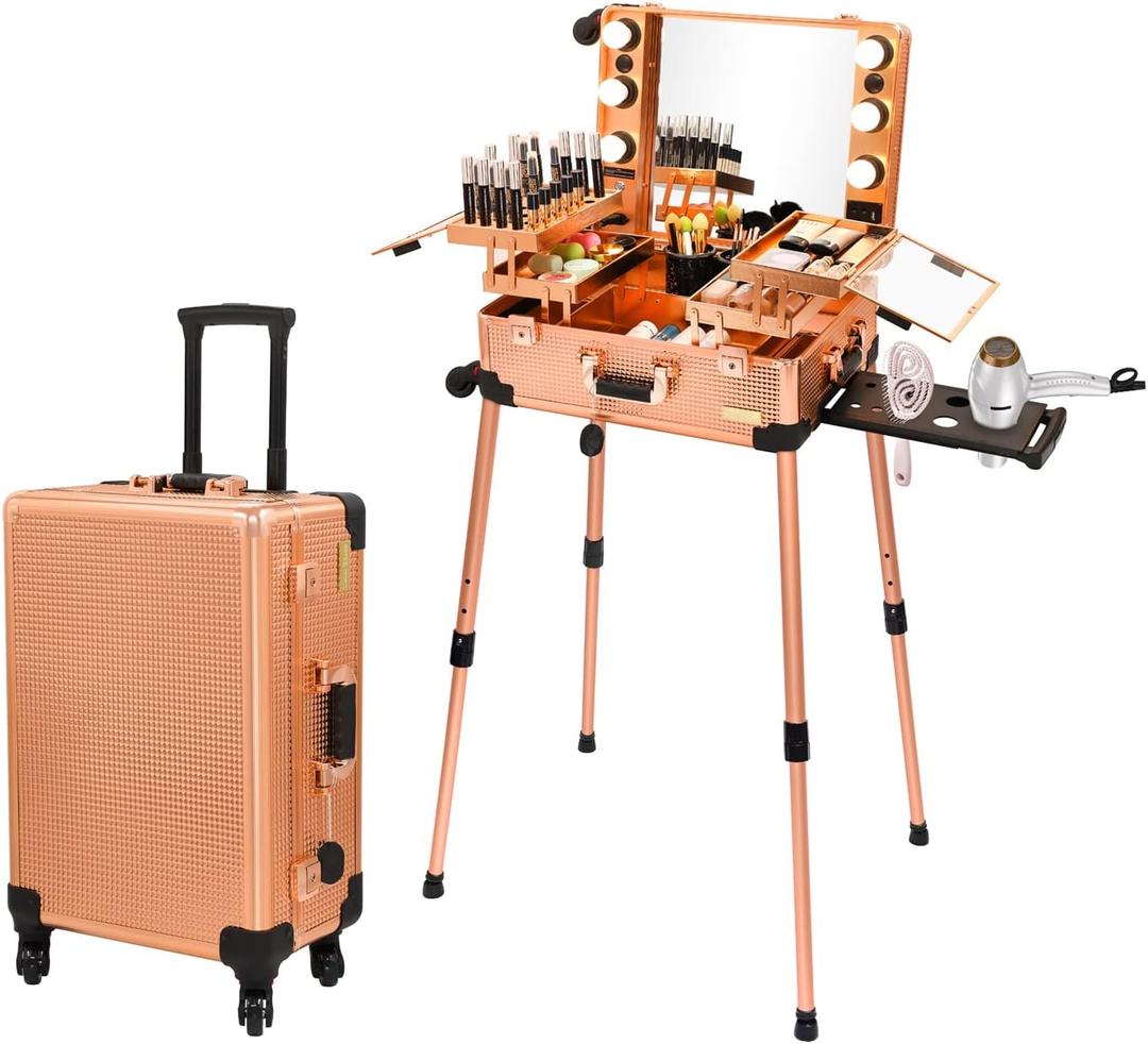 Aluminum Trolley Makeup Train Case with LED Lights Professional Cosmetic Organizer Studio with Speaker, Wheels and Stands Rolling Lighted Makeup Vanity Station for Travel (Rose Gold)
