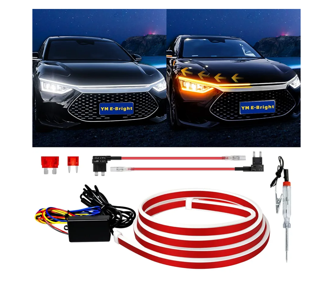 Sequential Turn Signal Light Strip Dynamic Scan Start Up Led Hood Lights Flexible DRL Daytime Running Light For Car,Truck,Suv,Dual Color White Amber Flowing Switchback 12V 94inch/240CM (1Set) white
