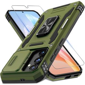DEERLAMN Case for Samsung Galaxy S24 FE 6.7-Inch with Slide Camera Cover+Screen Protector(1 Pack), Rotated Ring Kickstand Military Grade Shockproof Protective Cover-Olive Green
