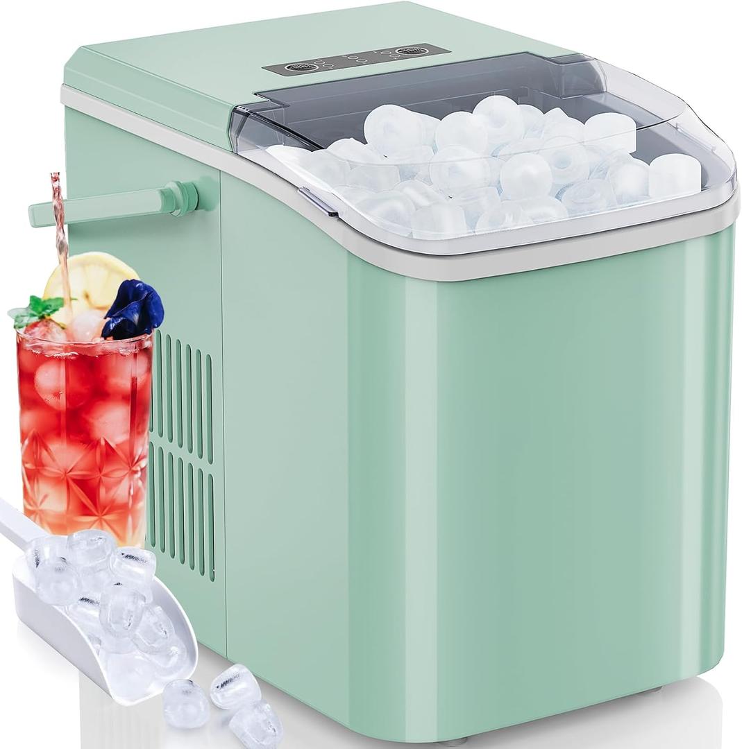 OLIXIS Portable Ice Machine Maker Countertop with Handle, Ice Cube Maker 9 Cubes in 6 Mins, 26.5lbs/24Hrs, 2 Sizes of Bullet Ice, Ice Scoop, Basket for Home Kitchen Office, Green