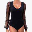 XL Long Sleeve Body Suits Womens Double Lined Round Neck Lace Bodysuit For Women